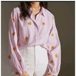 Maeve By Anthropologie Pink Striped Button Up Blouse With Embroidered Oranges